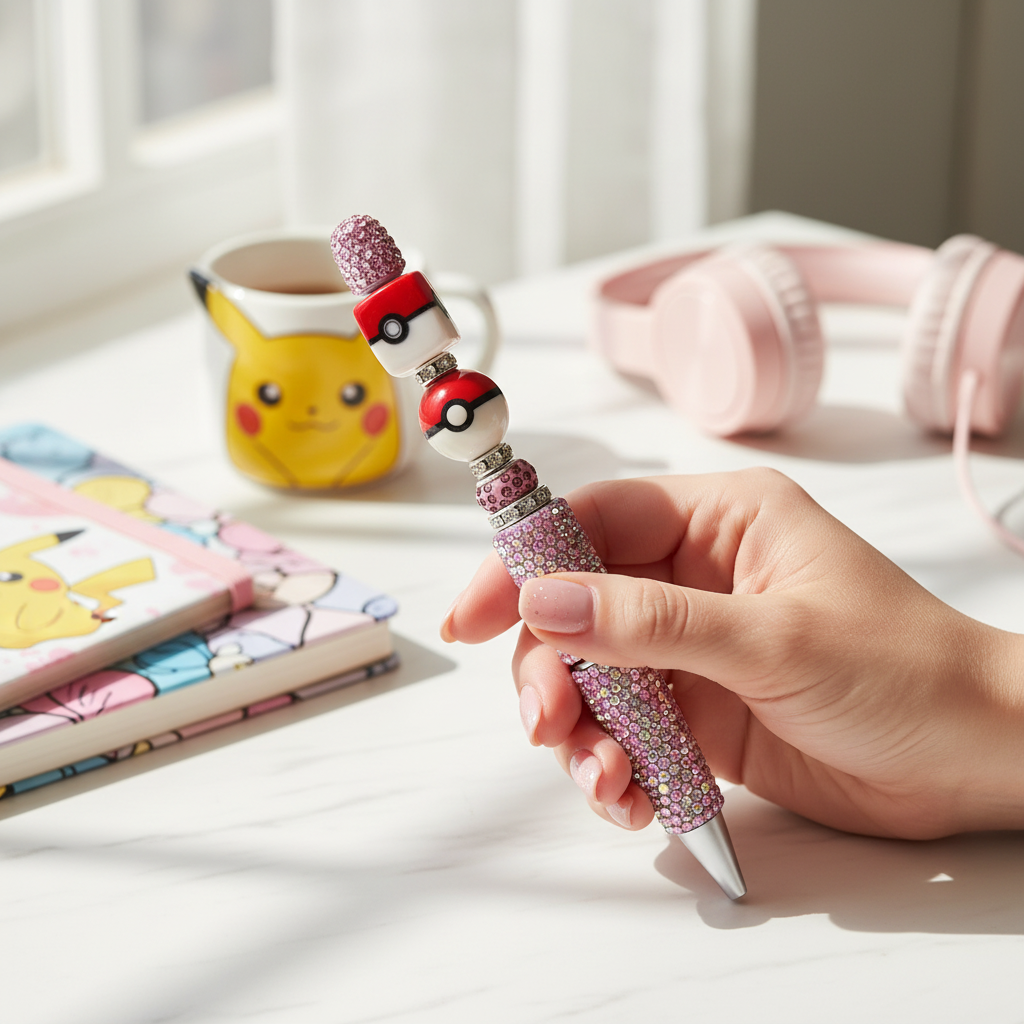 Hand holding crystal rhinestone decorative ballpoint pen while writing at desk