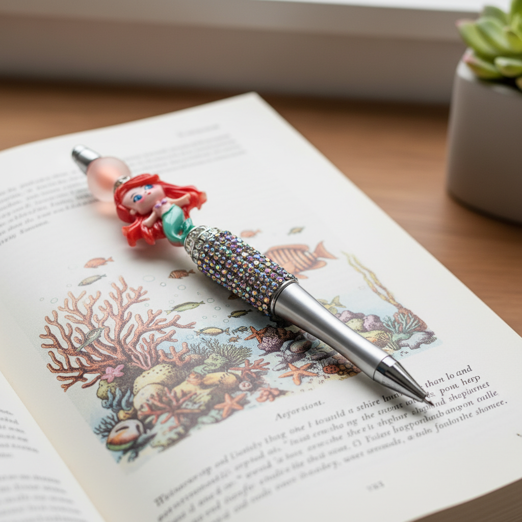 Sparkly mermaid decorative rhinestone pen placed on open book