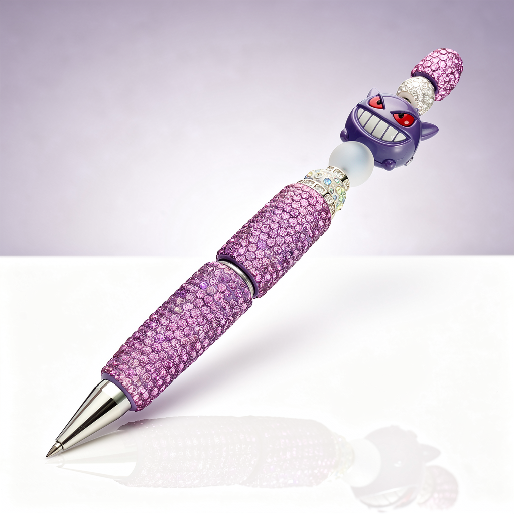 Sparkly purple monster bedazzled decorative pen on soft background