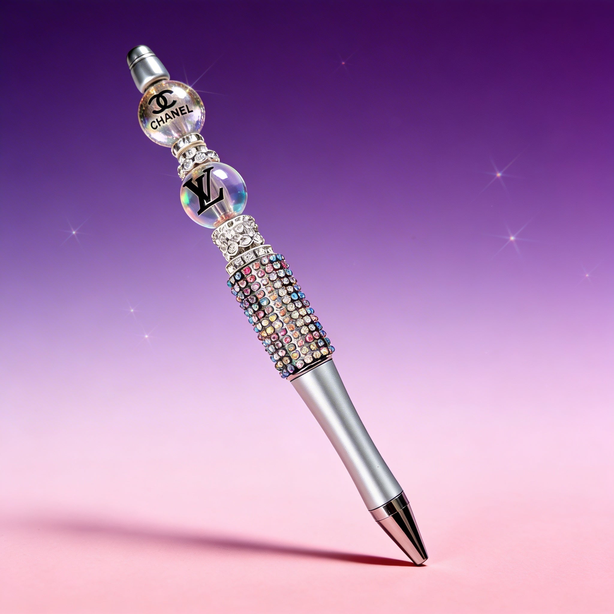 Sparkling designer style crystal rhinestone pen on colorful background