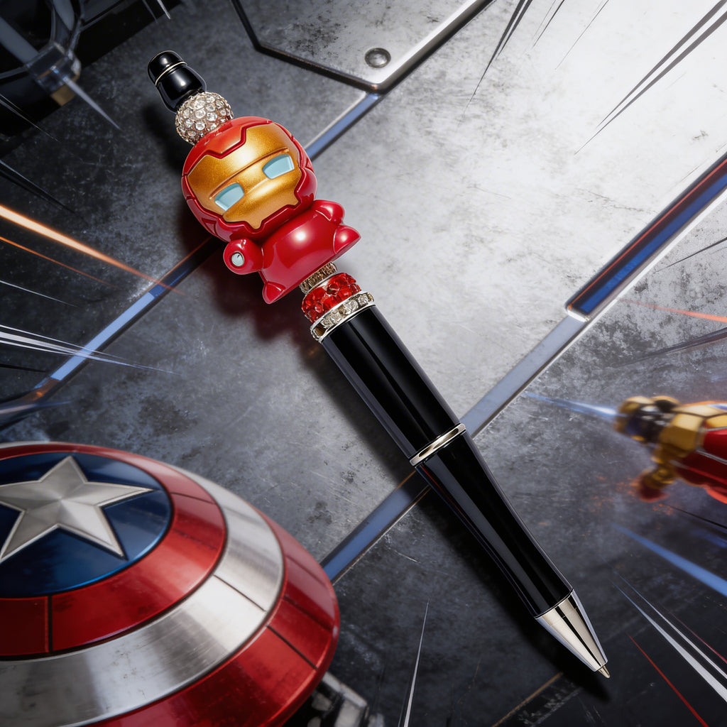 Hero themed novelty pen displayed on metallic background