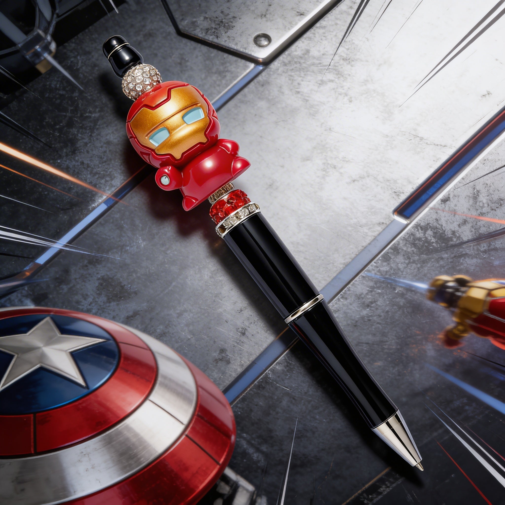 Hero themed novelty pen displayed on metallic background