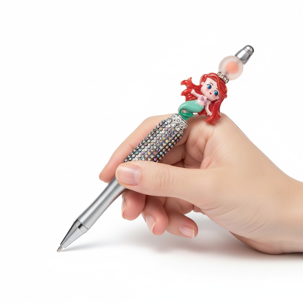 Hand holding cute mermaid rhinestone decorative pen for writing