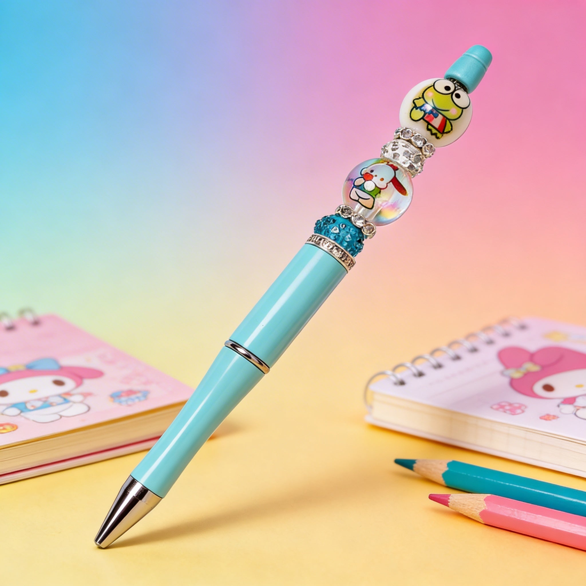 Kawaii style decorative novelty pen on colorful background