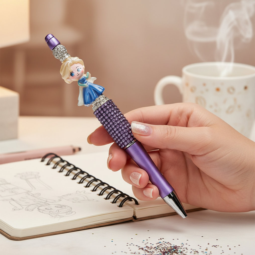 Hand writing with princess rhinestone decorative pen on notebook